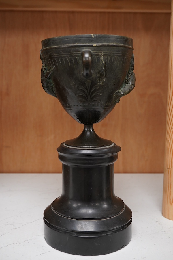 A 19th century French bronze twin handled vase signed Augur, cast with crayfish on black slate plinth, 22cm